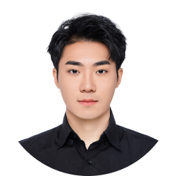 Portrait headshot of a young man with short dark hair wearing a black collared shirt against a white background.