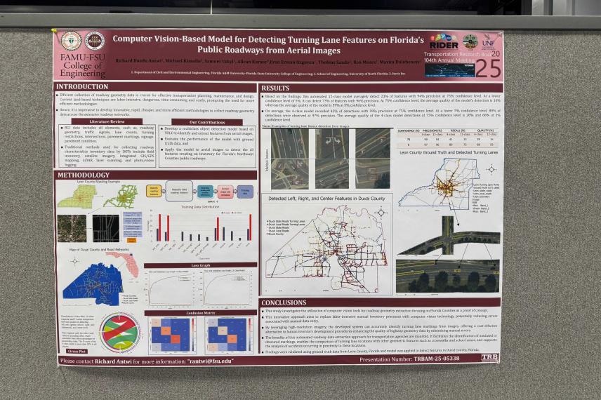 Research poster on computer vision-based detection of turning lane features from aerial images, featuring methodology diagrams, maps of Florida counties, detection results, and performance metrics.